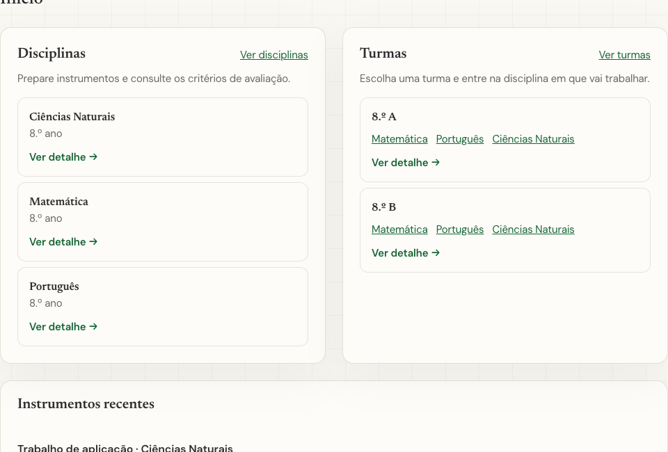 Início do espaço de demonstração com disciplinas, turmas e instrumentos recentes.